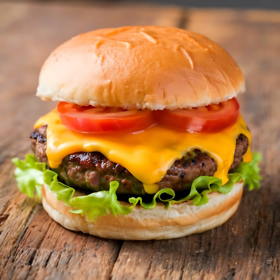 A juicy Mel's Roadhouse cheeseburger with melted cheese, fresh tomatoes, and crisp lettuce on a wooden surface.