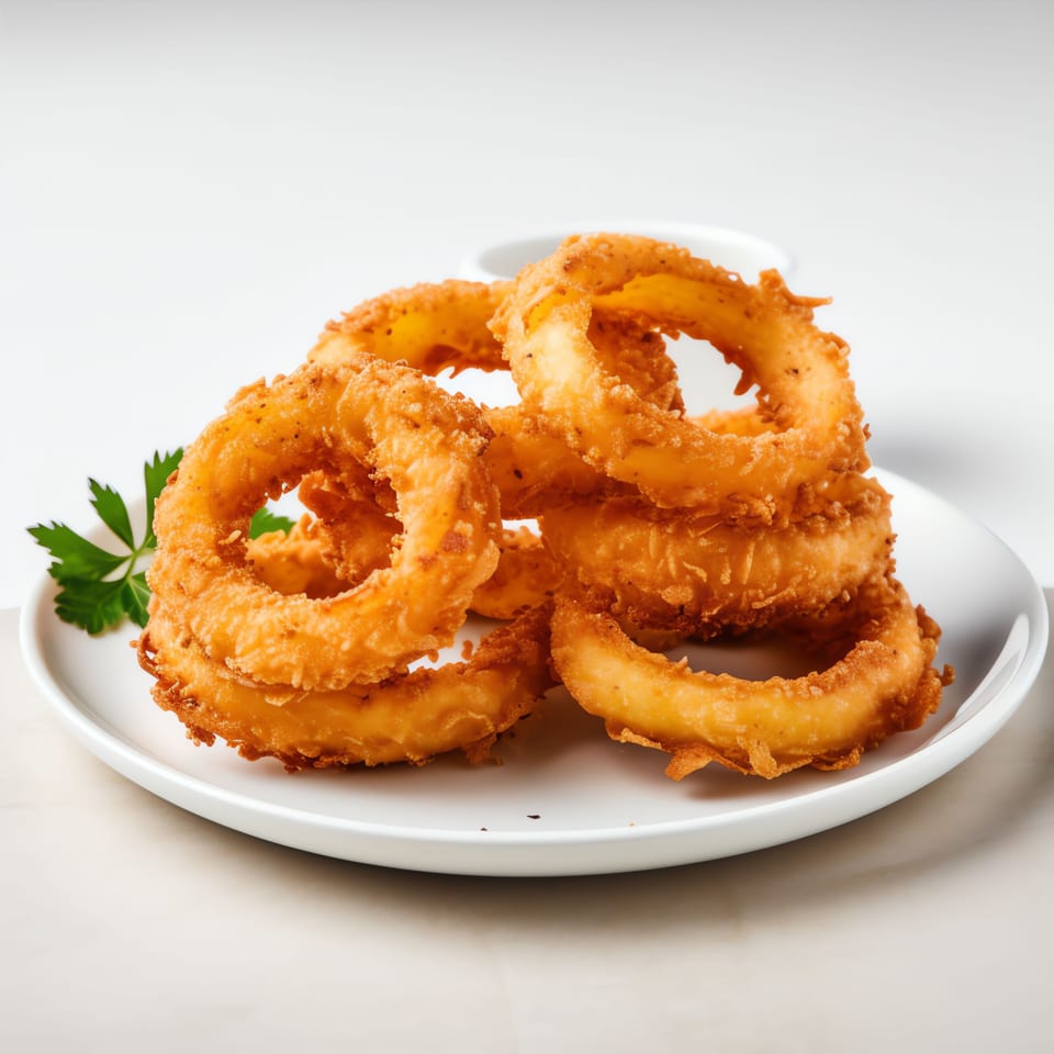 A white plate piled high with golden-brown, crispy onion rings, garnished with a sprig of parsley.