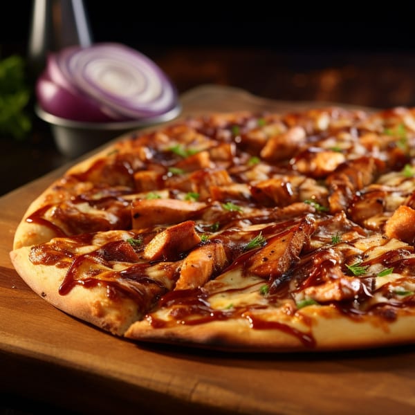 Mel's Roadhouse BBQ chicken pizza with melted cheese and red onion slices on a wooden board.