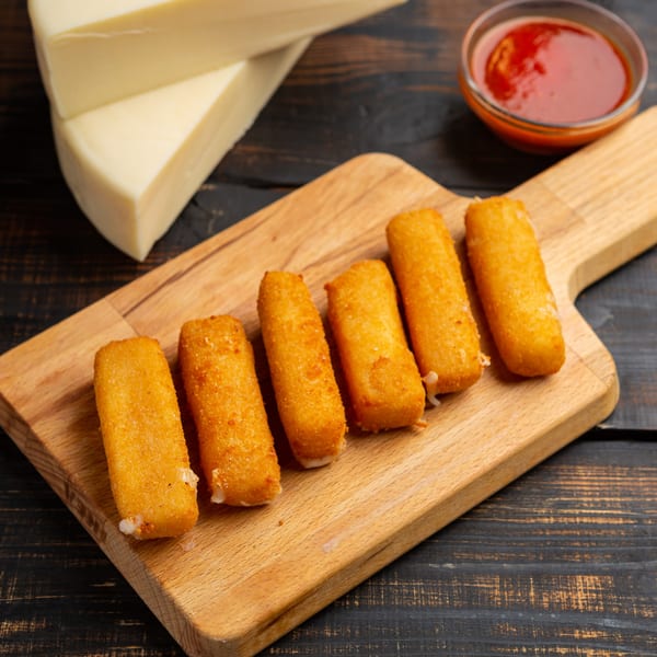 Six golden-brown mozzarella sticks on a wooden board, with a bowl of marinara sauce and cheese in the background.