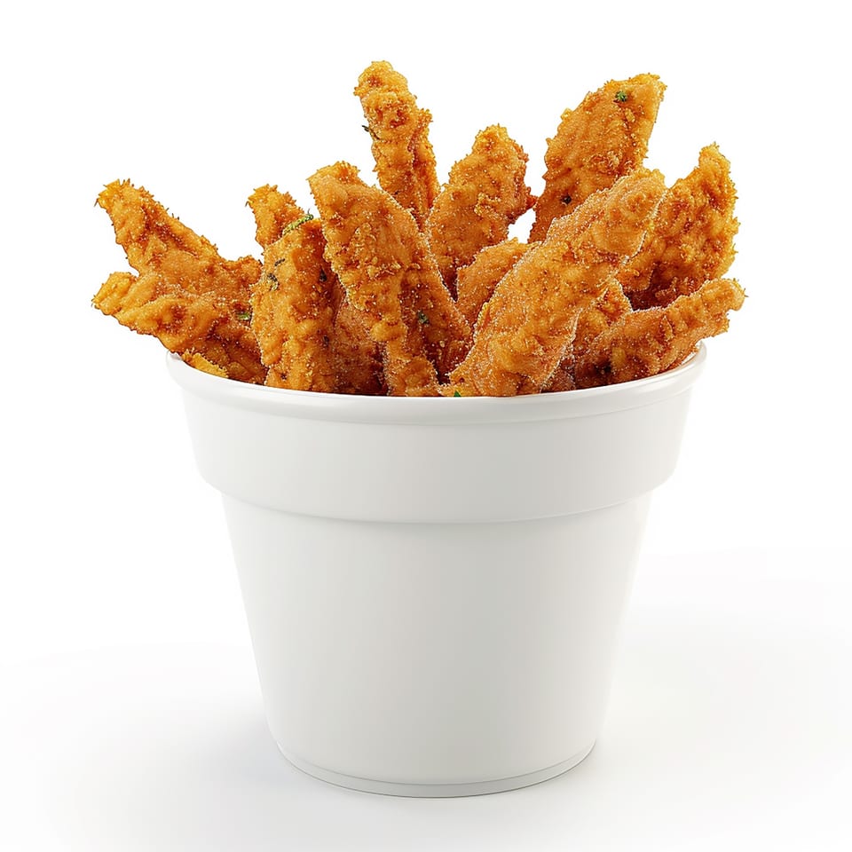 A white cup filled with crispy, golden-brown chicken tenders, ready to be enjoyed at Mel's Roadhouse.