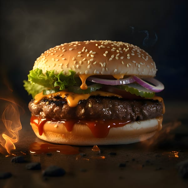 A juicy Mel's Roadhouse burger with lettuce, onions, pickles, and dripping sauces, with smoke and fire.
